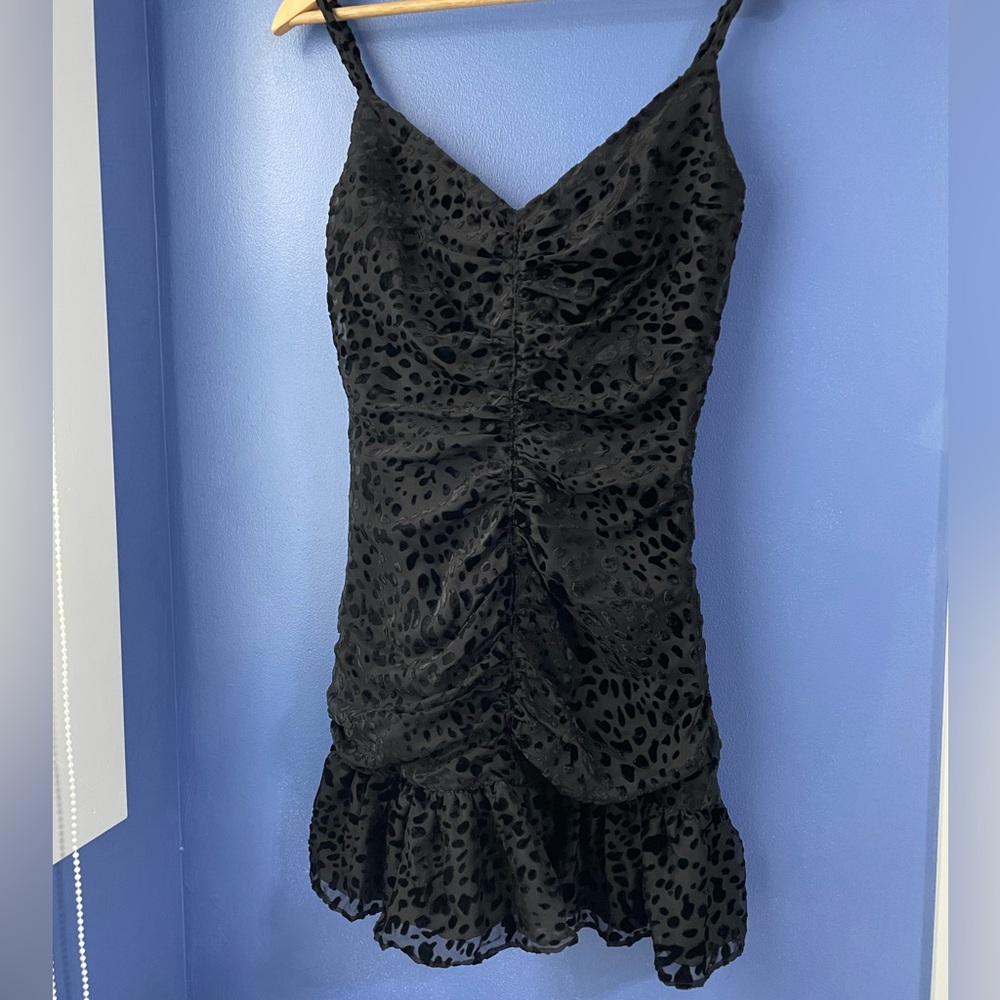 NWT black scrunch velvet appliqué flounce hem ruffle Celine mermaid mini bodycon